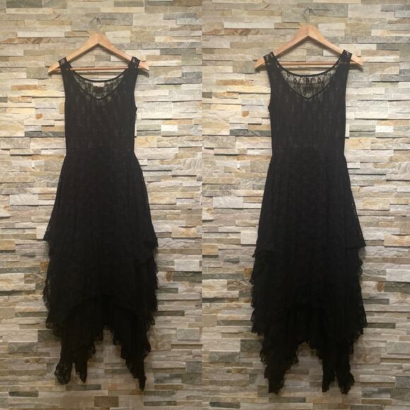 Areve S Black Lace Dress | Handkerchief Hem, Romantic Fit & Flare, Cottagecore - Picture 2 of 7